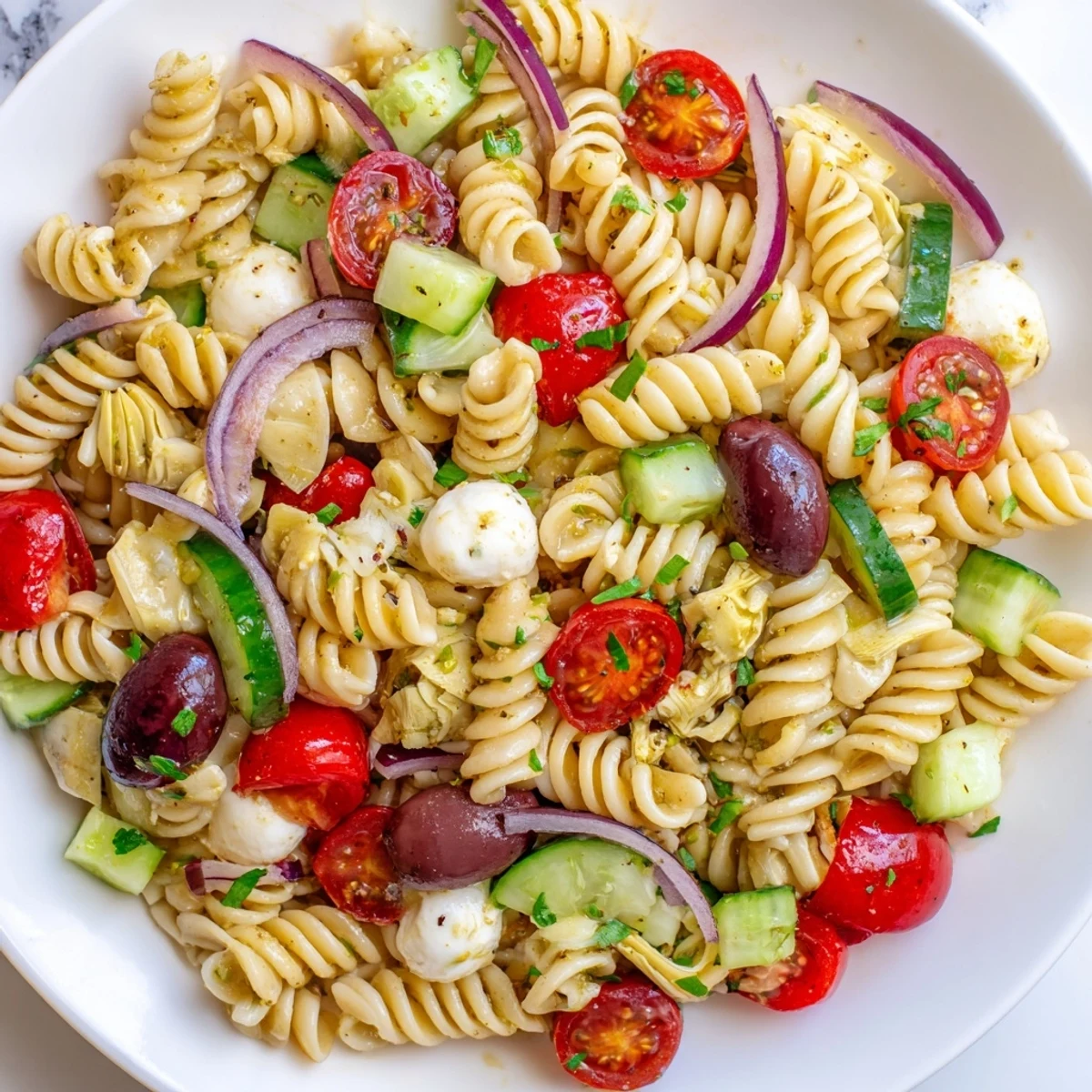 Vegetarian Italian pasta salad tossed with mozzarella peppers olives and tangy vinaigrette dressing