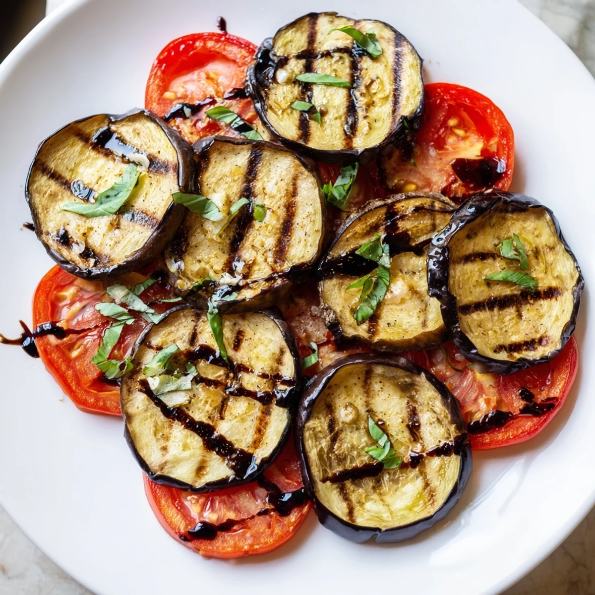 Golden grilled tomato eggplant slices drizzled with balsamic glaze on a rustic plate