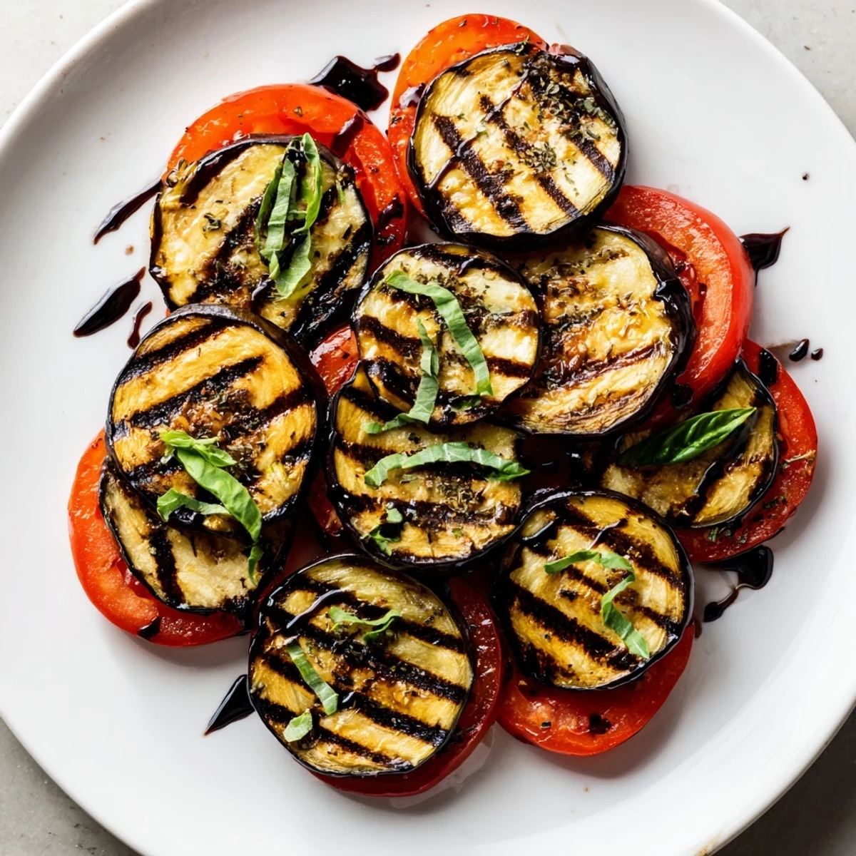 Smoky grilled tomato eggplant layered on a platter with fresh basil garnish