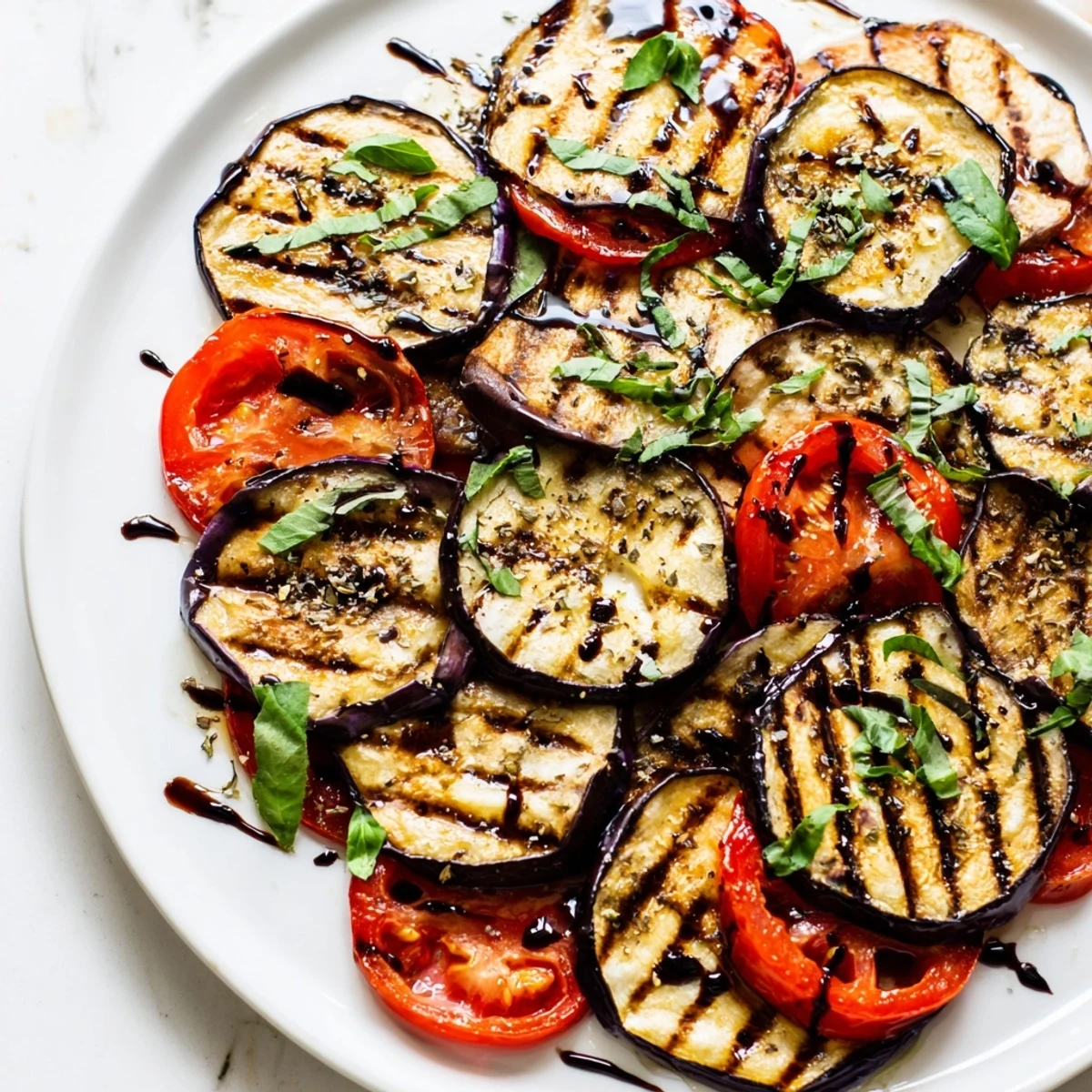 Charred grilled tomato eggplant stacked with juicy tomatoes and sprinkled with chiffonade basil