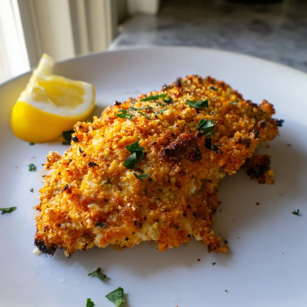 Golden baked Paprika Parmesan Chicken with a crispy herb crust on a parchment-lined sheet