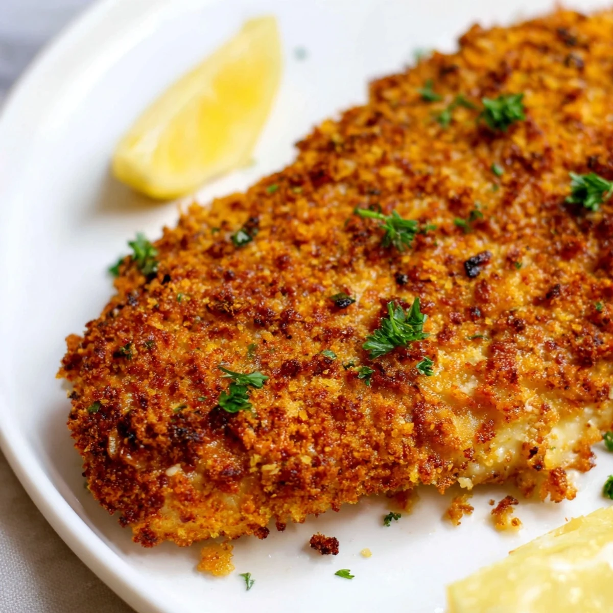 Smoky crispy Paprika Parmesan Chicken served on a plate with bright lemon wedges alongside