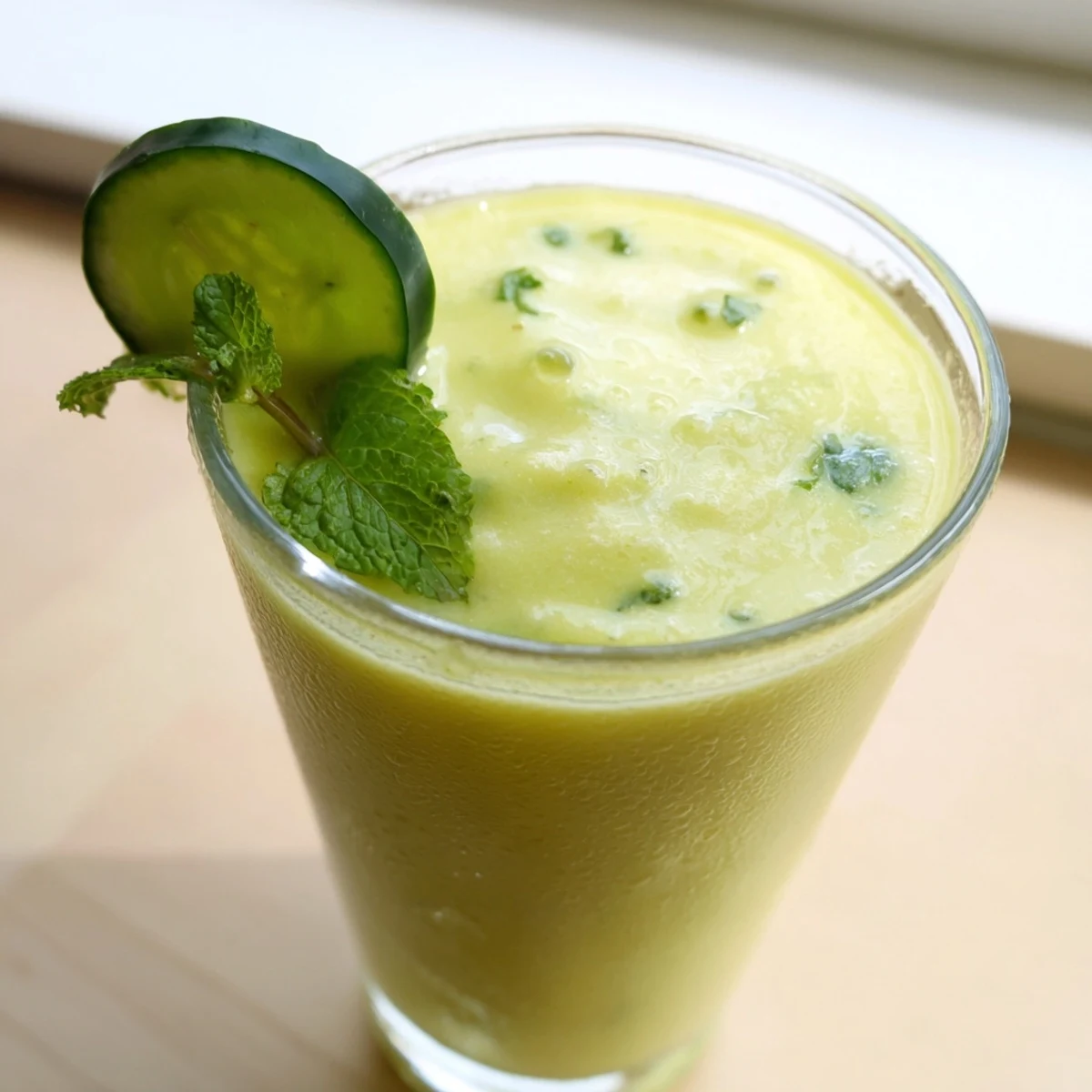 Creamy mango cucumber smoothie poured into tall glasses garnished with fresh mint