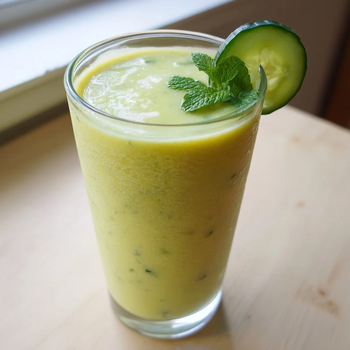 Vibrant yellow mango cucumber smoothie served chilled in a clear mason jar