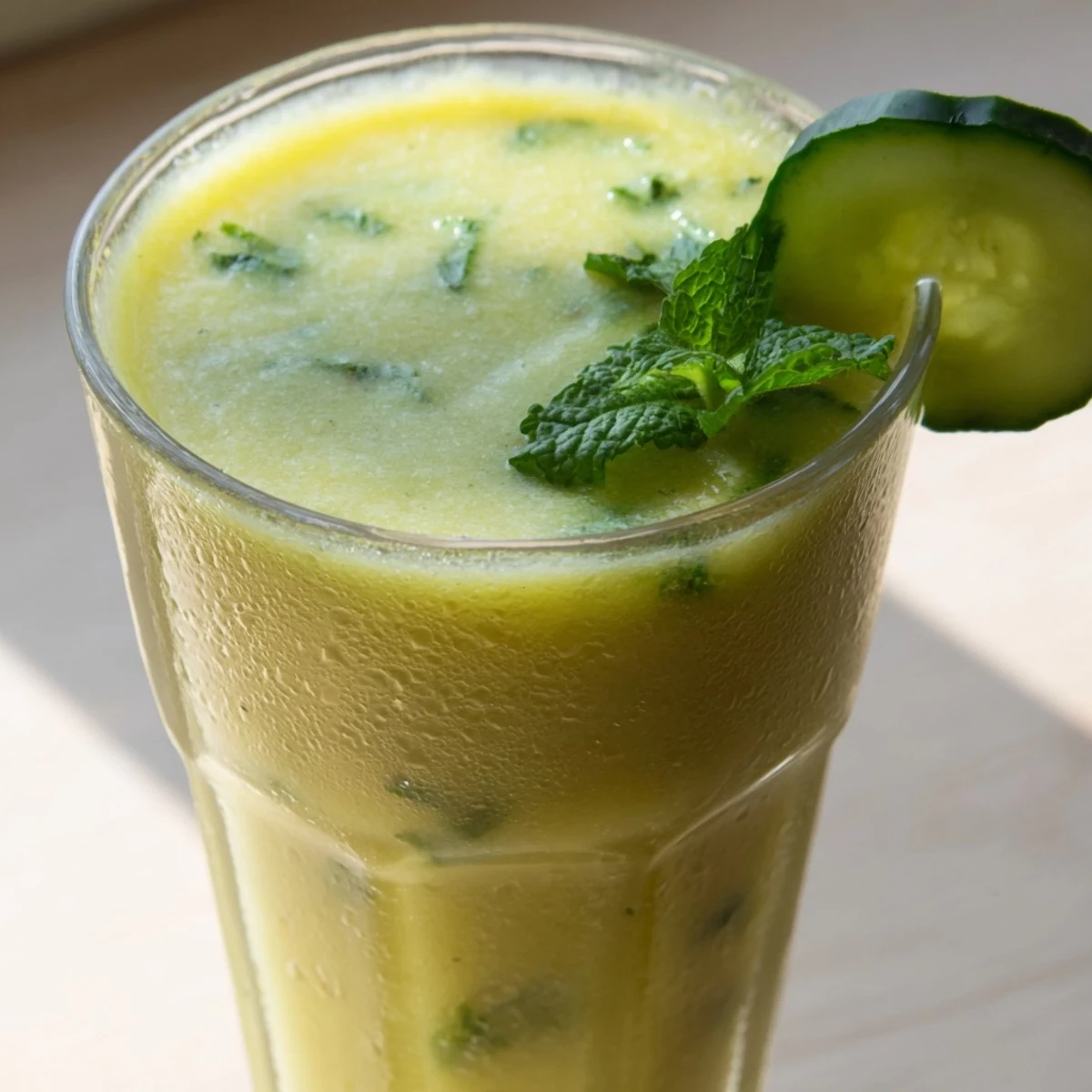 Tropical mango cucumber smoothie blended smooth with a hint of lime and coconut water