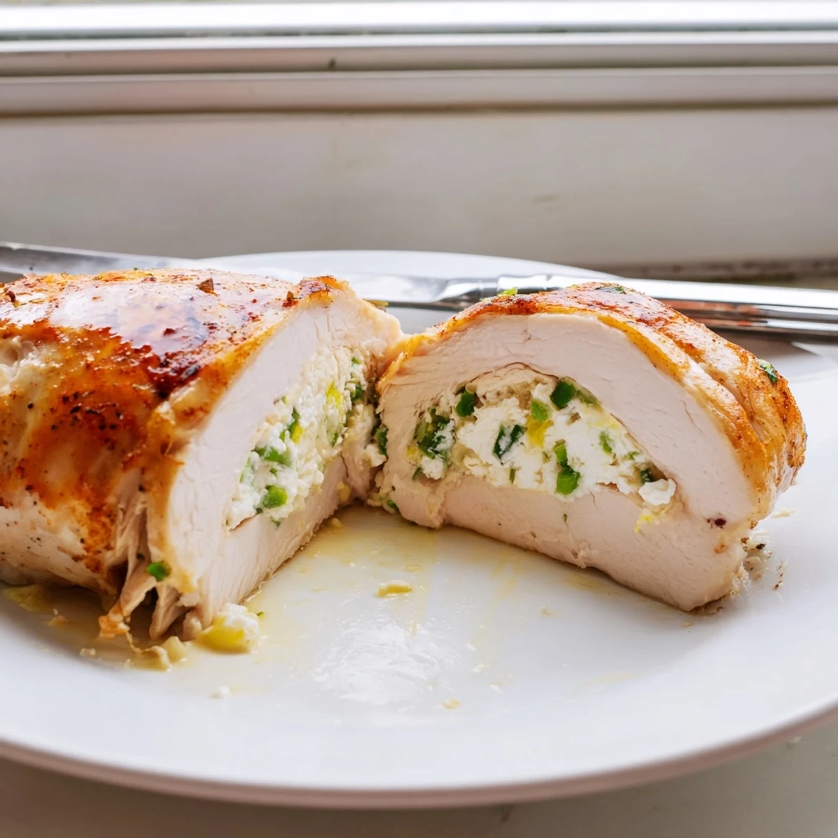 Golden goat cheese chicken stuffed with herbs, fresh from the oven