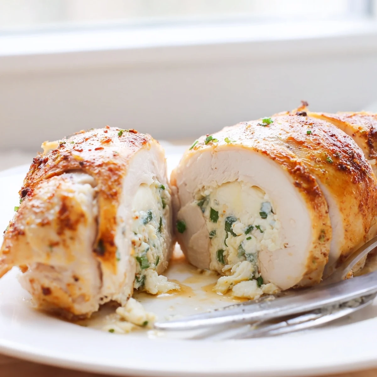 Creamy goat cheese chicken sliced open, revealing a herbed lemon filling
