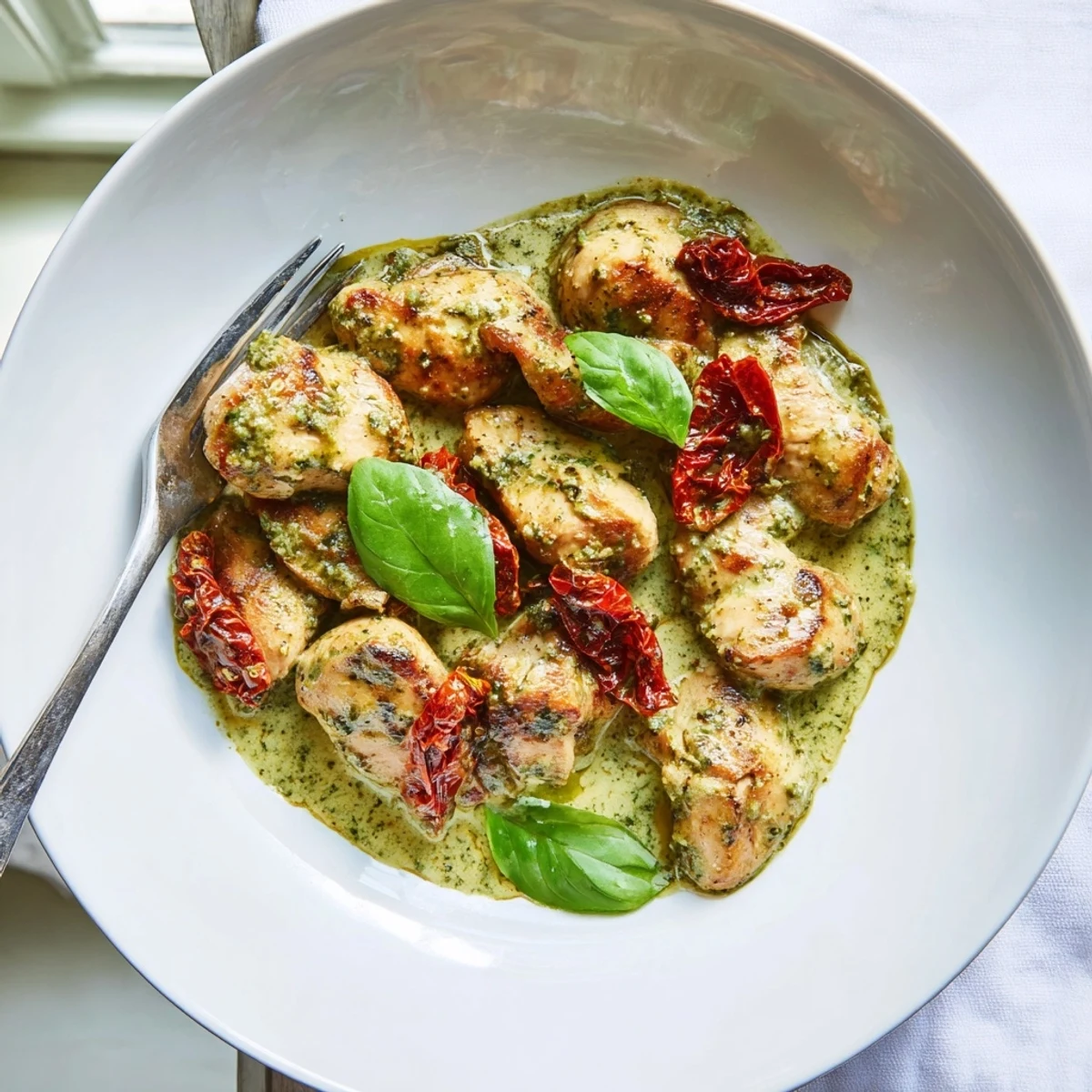 Golden seared marry me chicken pesto topped with sun-dried tomatoes and fresh basil