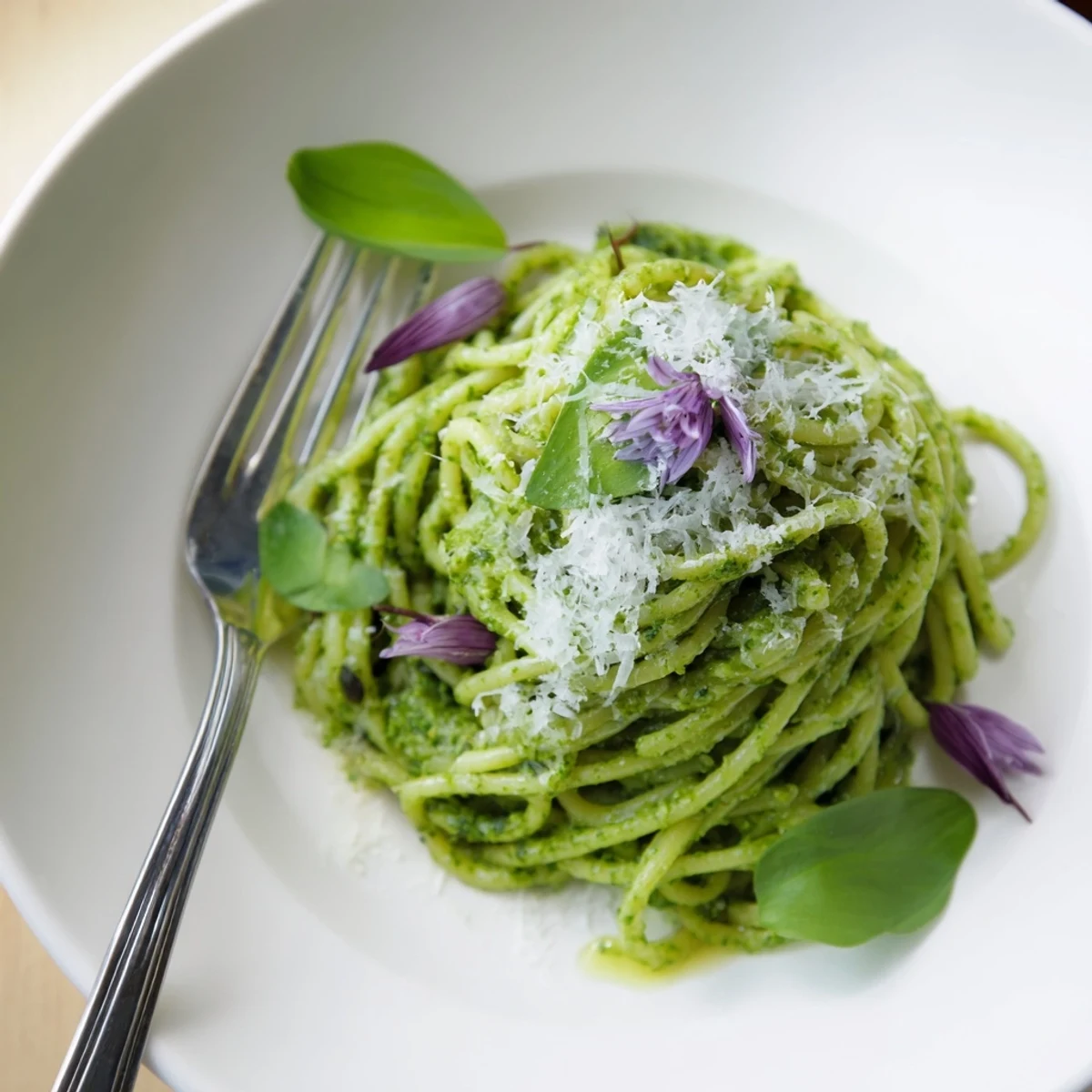Bright green wild garlic pesto coats tender strands of spaghetti on a rustic white plate.