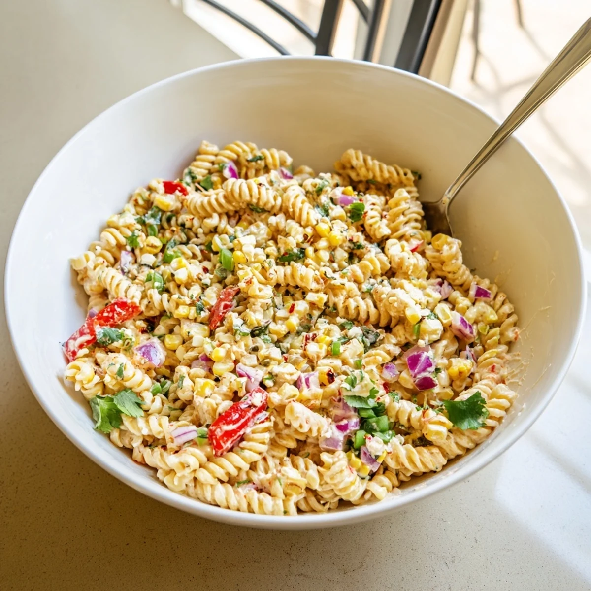 Creamy Elote Street Corn Pasta Salad topped with crumbled cotija and fresh cilantro