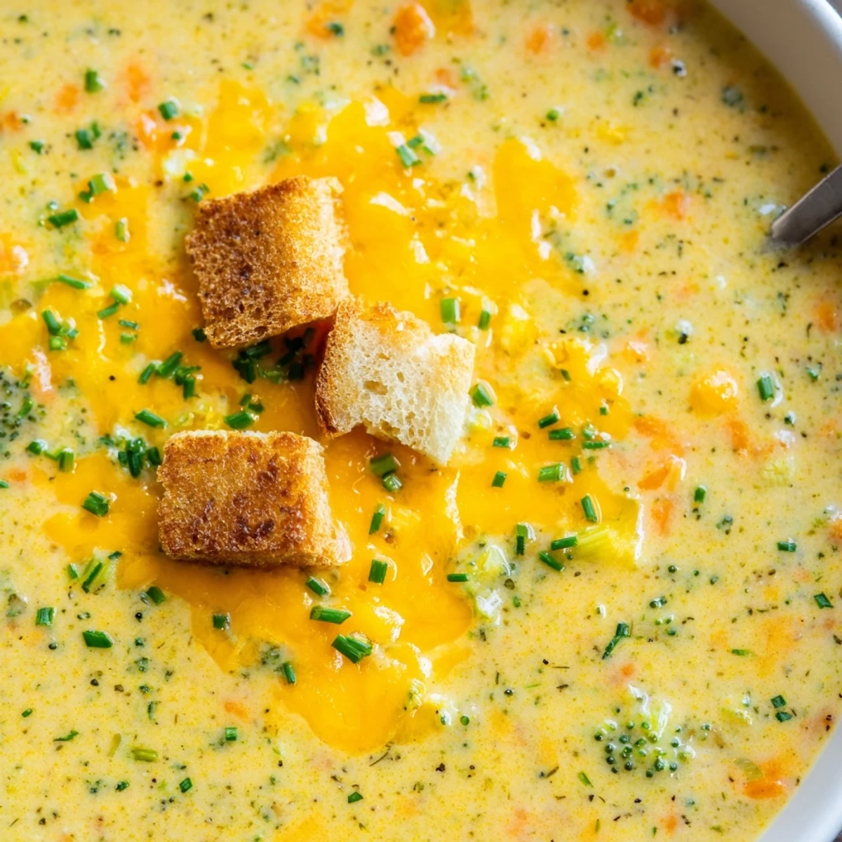 Thick slow cooker broccoli cheese soup topped with melted cheddar in a rustic bowl