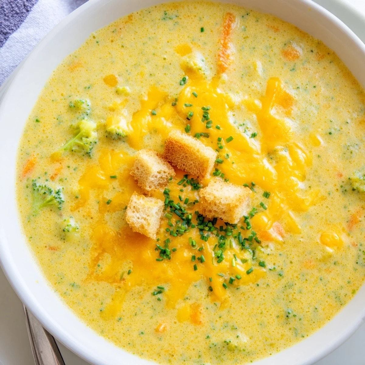 Creamy slow cooker broccoli cheese soup ladled into a bowl alongside crusty bread