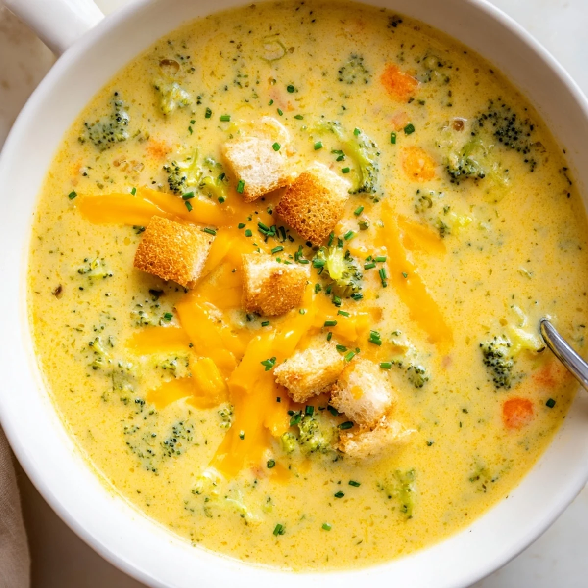 Steaming bowl of slow cooker broccoli cheese soup garnished with fresh chives and croutons