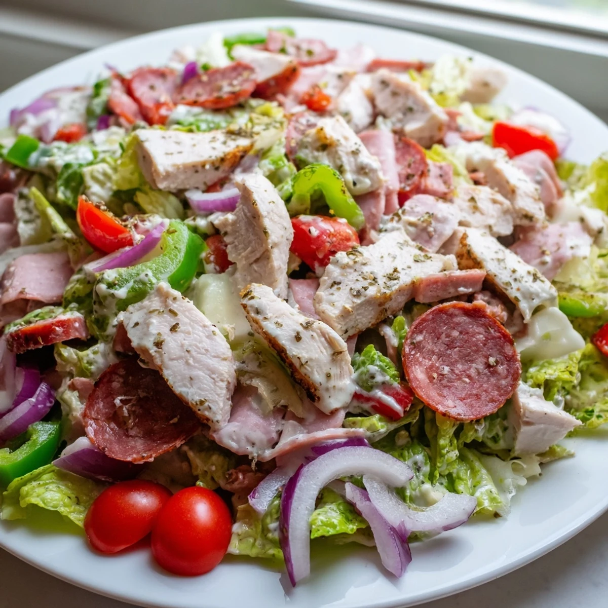 A vibrant bowl of Italian Grinder Chicken Salad piled high with deli meats and fresh vegetables