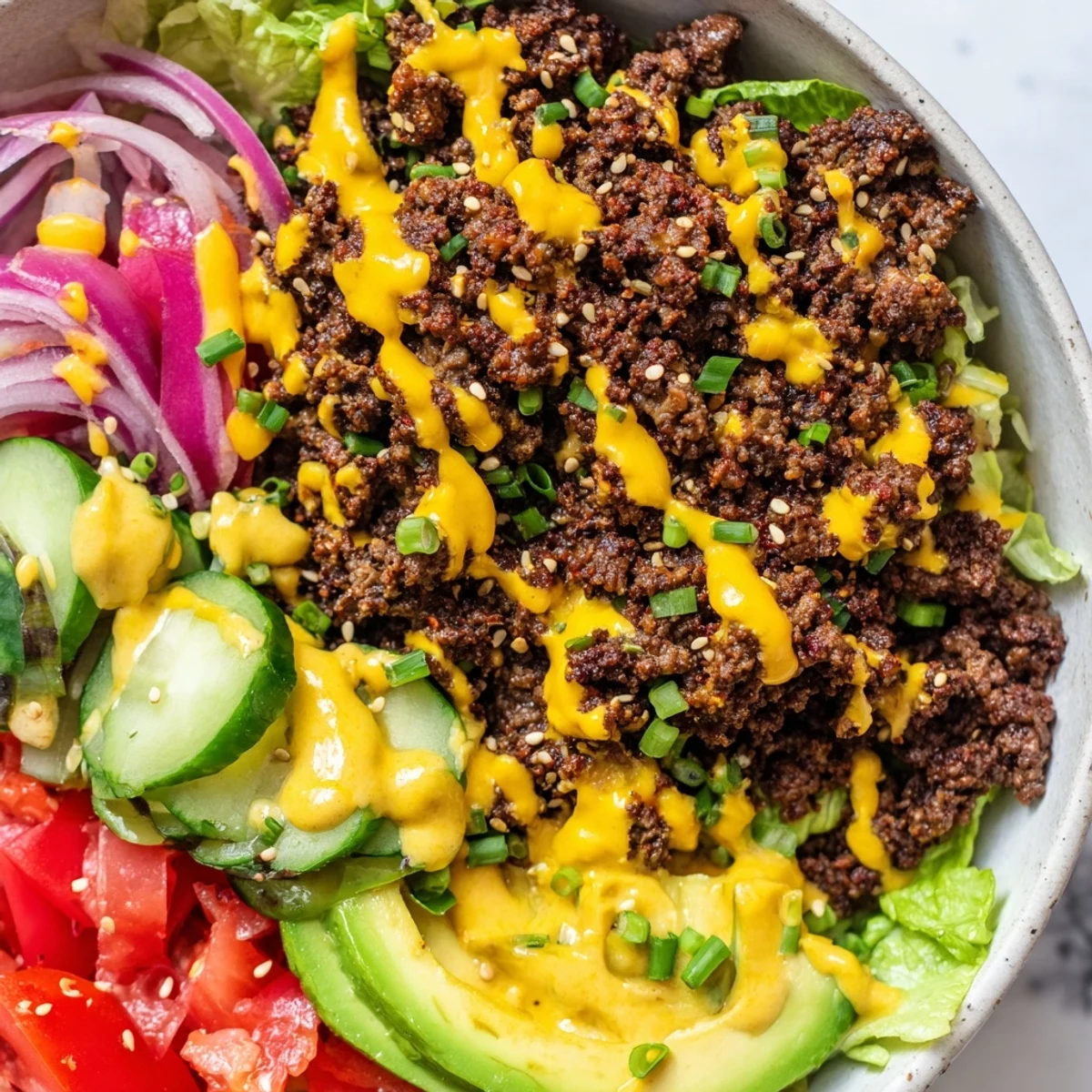 Colorful burger bowls loaded with seasoned ground beef, fresh veggies, and melted cheddar cheese