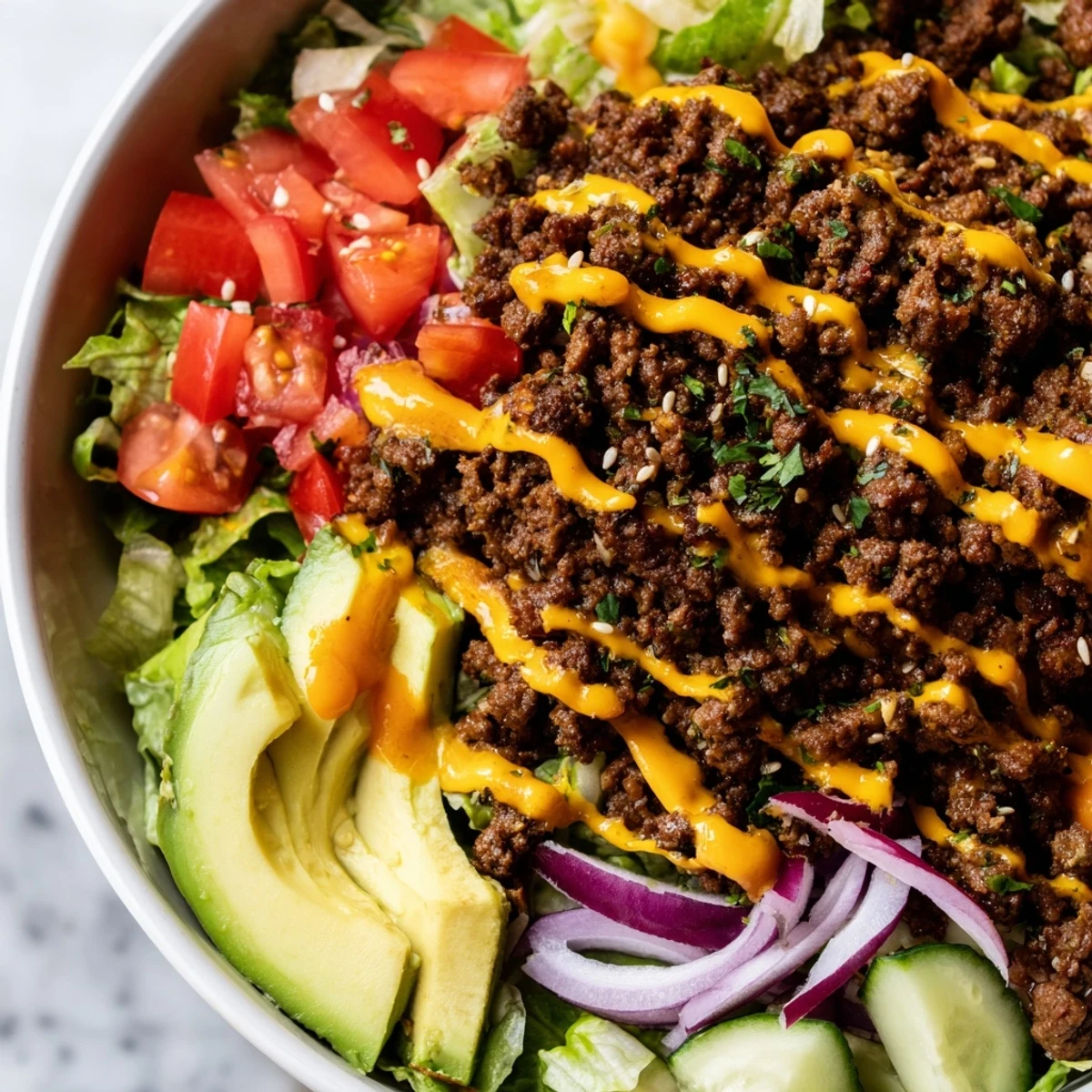 Deconstructed burger bowls featuring hot seasoned beef, diced tomatoes, and shredded cheese in bowls