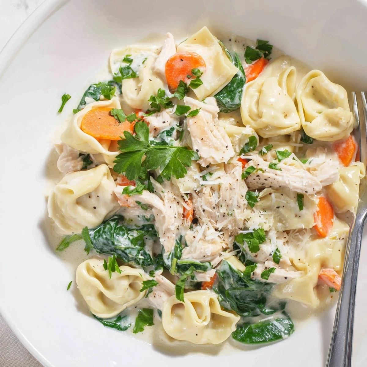 Creamy crockpot chicken tortellini in a golden broth with spinach and carrots