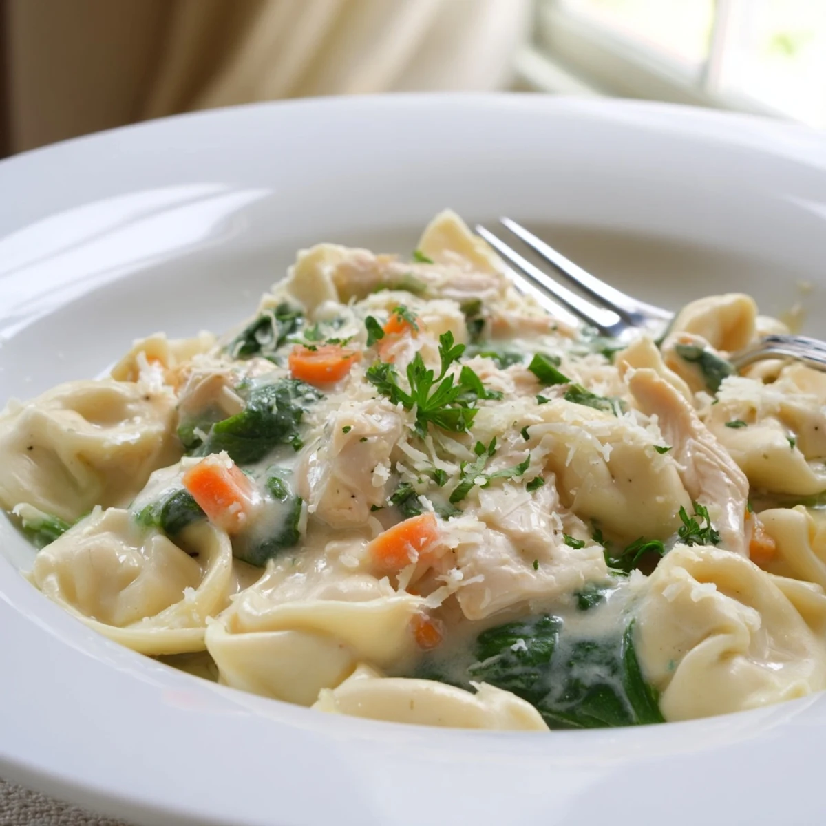 Cheese tortellini and tender shredded chicken swimming in a rich creamy slow-cooker sauce