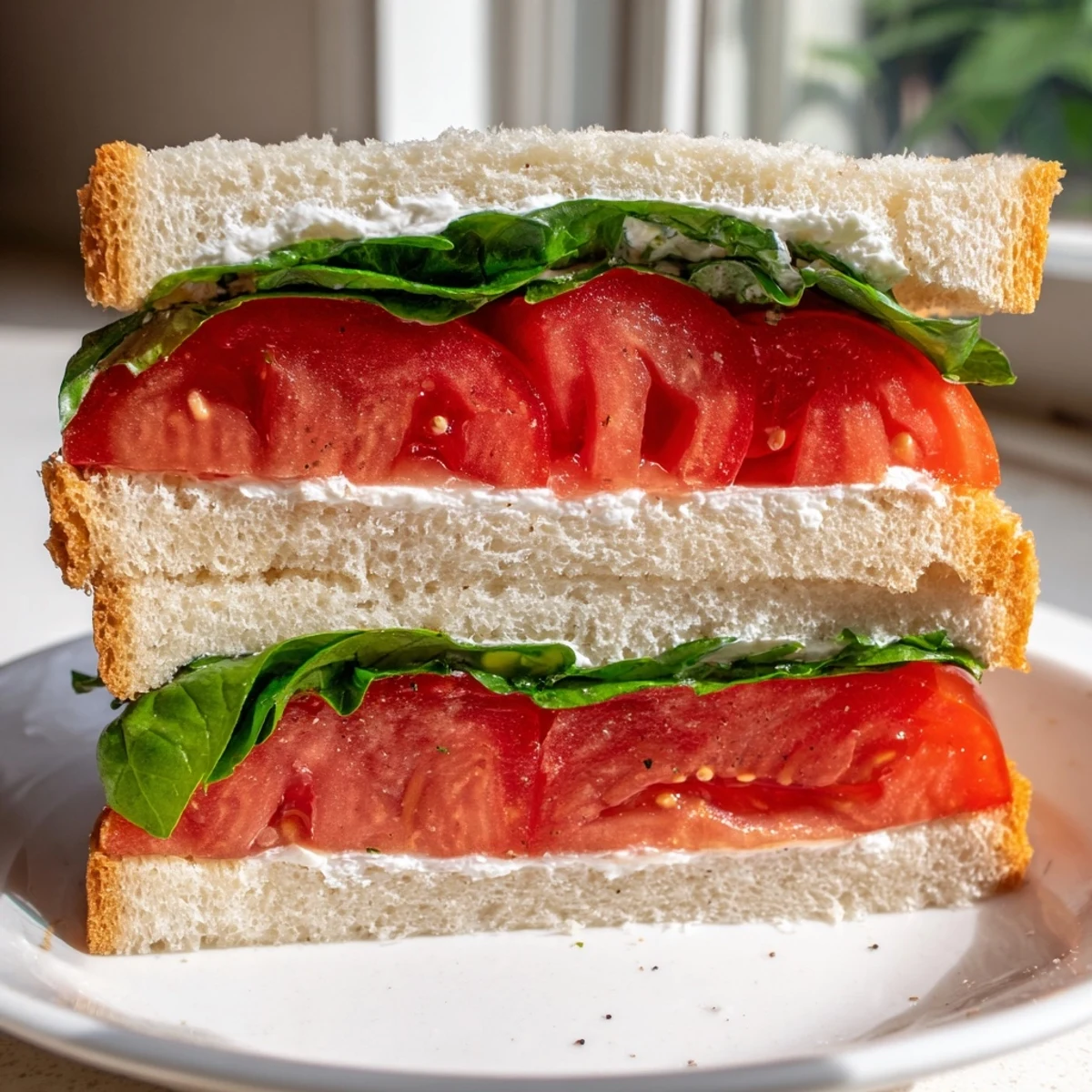 Juicy ripe tomatoes layered with creamy mayo on fresh bread for a classic tomato sandwich