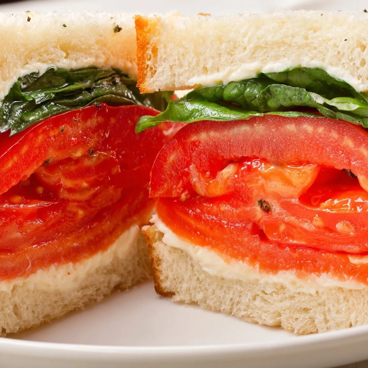 Golden sandwich bread piled high with thick tomato slices and fragrant basil leaves ready to bite
