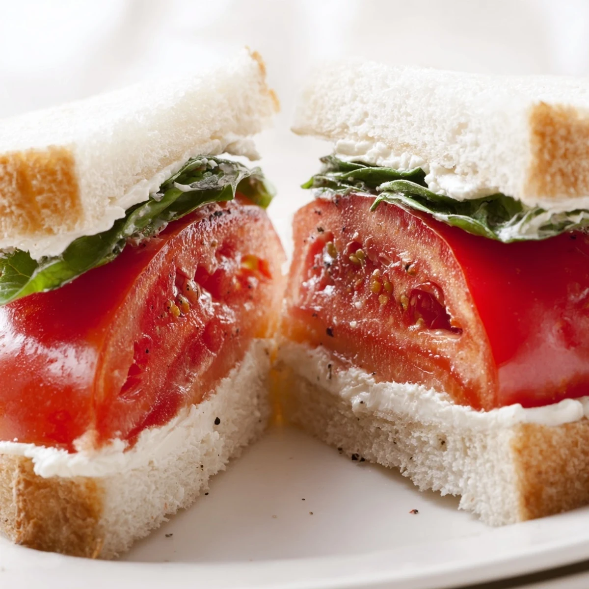 Creamy mayonnaise spread generously over soft bread holding vibrant red tomato rounds in this tomato sandwich