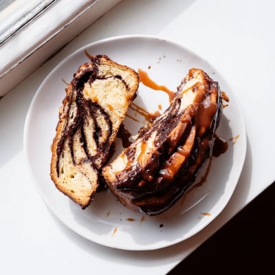Freshly baked chocolate babka bread drizzled with glossy orange glaze on serving platter