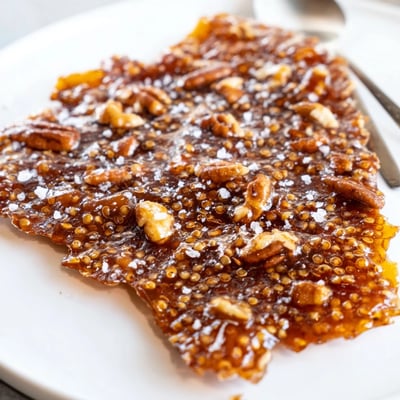 Crumbly Sea Salted Quinoa Pecan Brittle cooling on parchment, flaky salt glinting